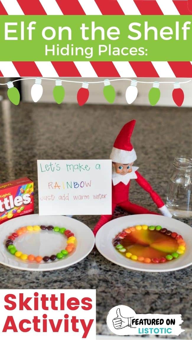 An Elf on the Shelf Skittles rainbow experiment.