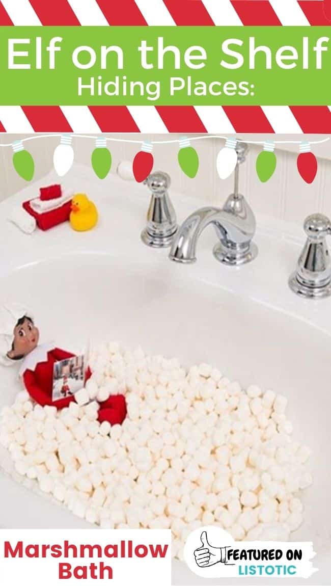 And Elf on the Shelf doll in a sink filled with marshmallows.