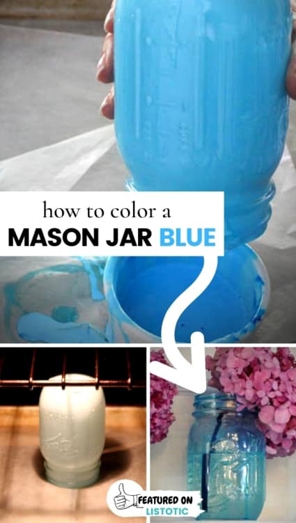 idea to change a clear mason jar into a antique blue mason jar a diy craft for how to color a mason jar blue. Person using blue paint and putting a mason jar in the oven to create a blue tinted mason jar for rustic home decor