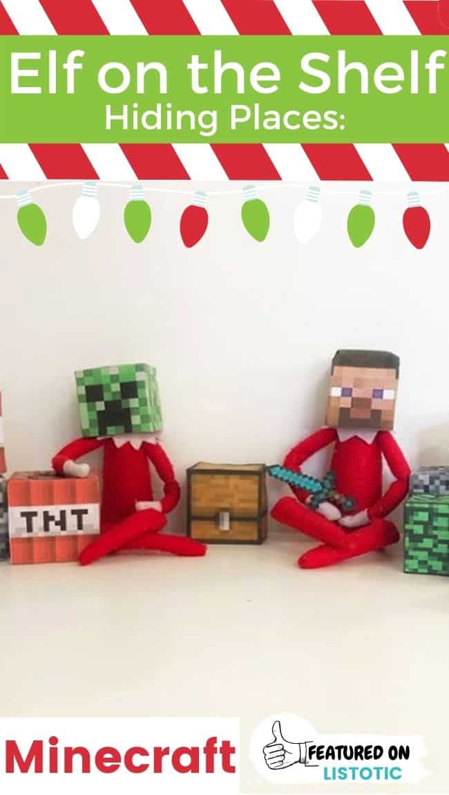 Two Elf on the Shelf dolls wearing Minecraft themed hats with Minecraft themed props.