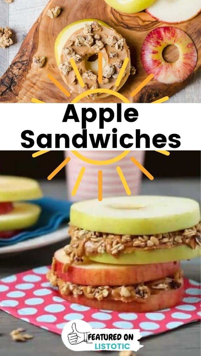 Apple sandwiches with almond butter and granola. 