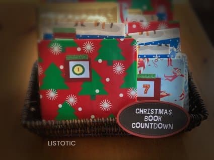 basket of wrapped books for Christmas Countdown Activity