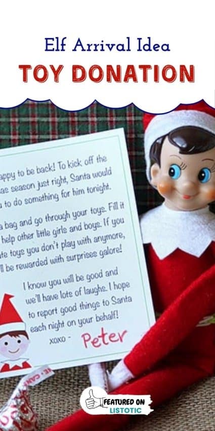 Elf holding a printable letter requesting kids to make a toy donation