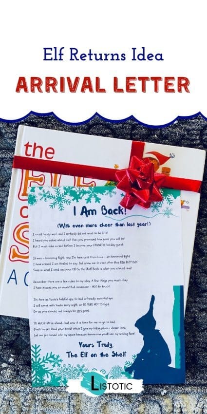Elf on the shelf book and arrival letter on the door step