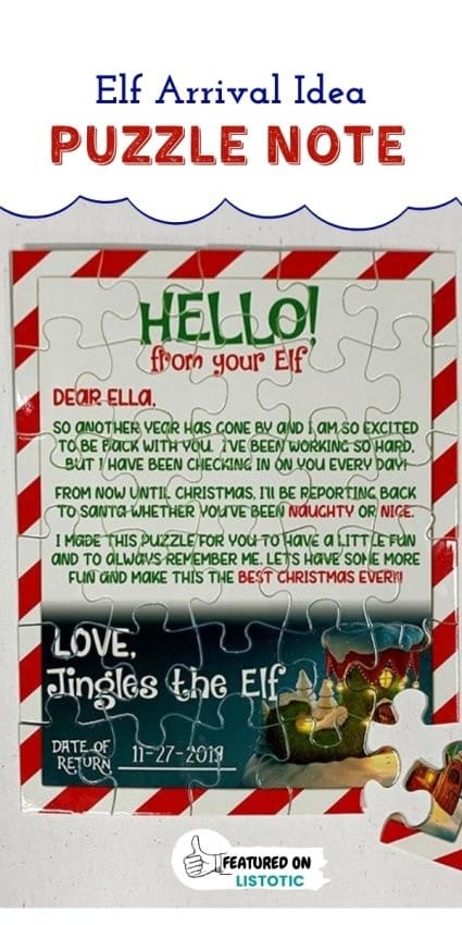 Personalized puzzle with message letting families know about the Elf on the shelf arrival. 