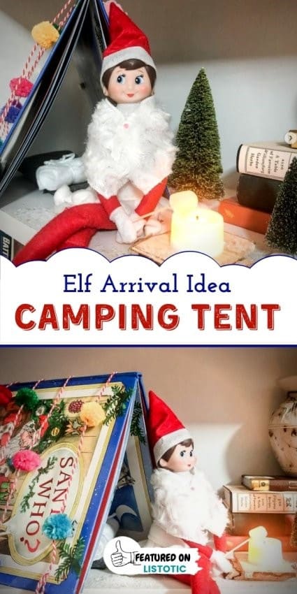 Elf on the shelf with book tent and flameless candle campfire 