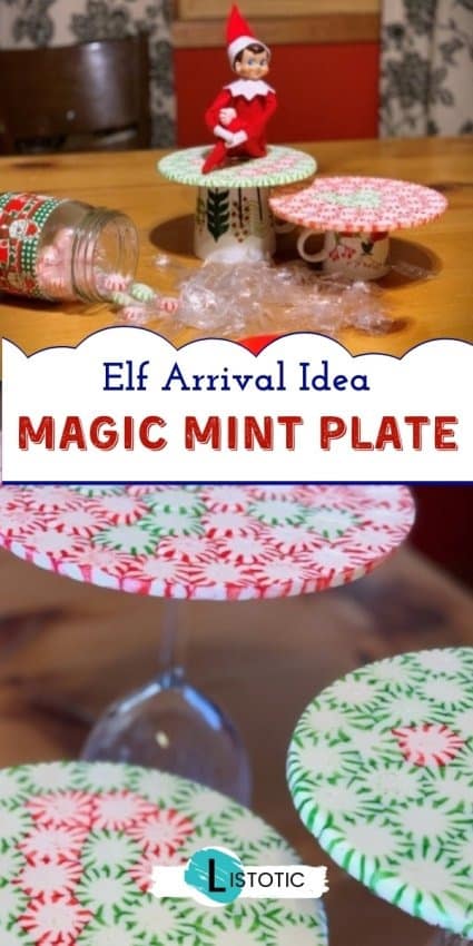 Elf on the shelf idea with melted mint plate craft on the dinning room table and empty mint wrappers all over. 