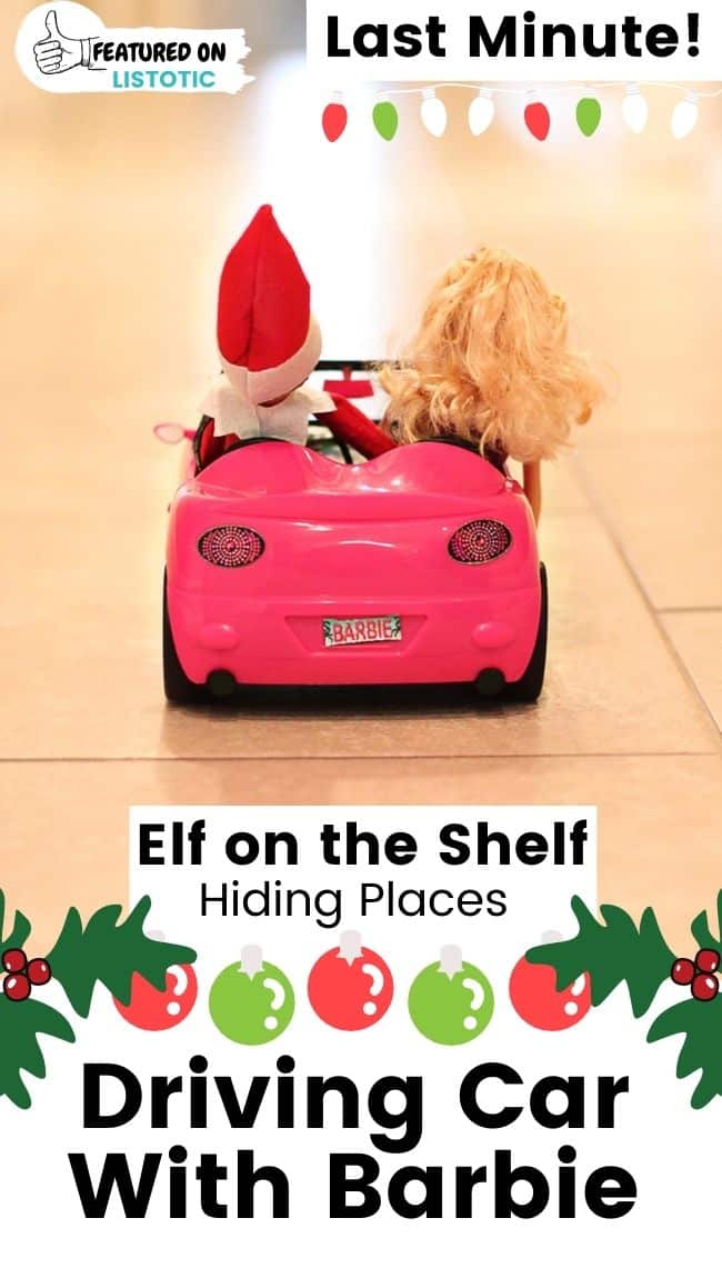 Elf on the Shelf driving car with Barbie.