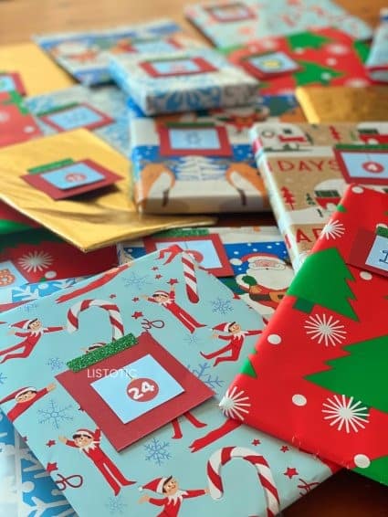 wrapped Christmas story books for Christmas Countdown Activity