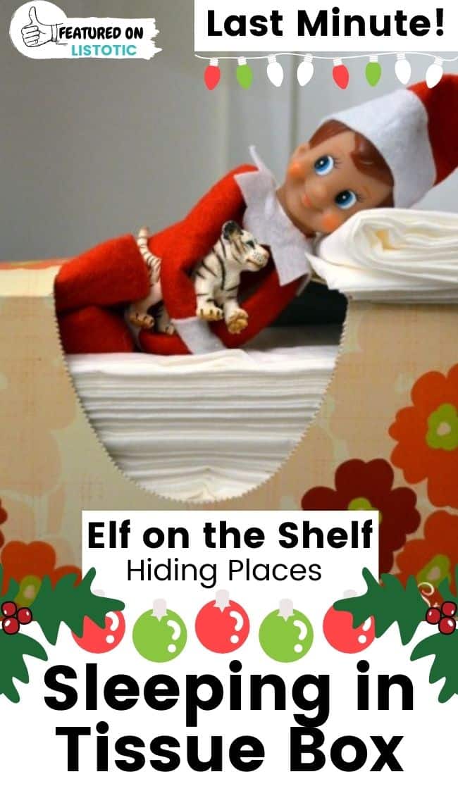 Elf on the Shelf sleeping in box of tissues.