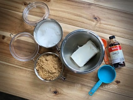 sugar, brown sugar, vanilla and cream cheese ingredients for cream cheese fruit dip recipe