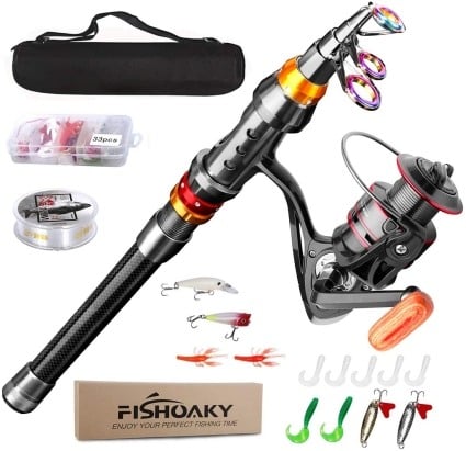fishoaky fishing rod kit with line lures tackle hooks and carrier bag