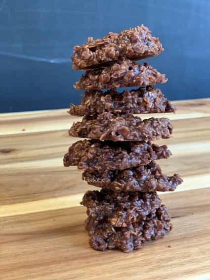 a stack of no bake chocolate oatmeal cookies
