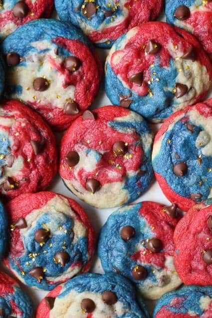 swirled red white and blue chocolate chip cookies