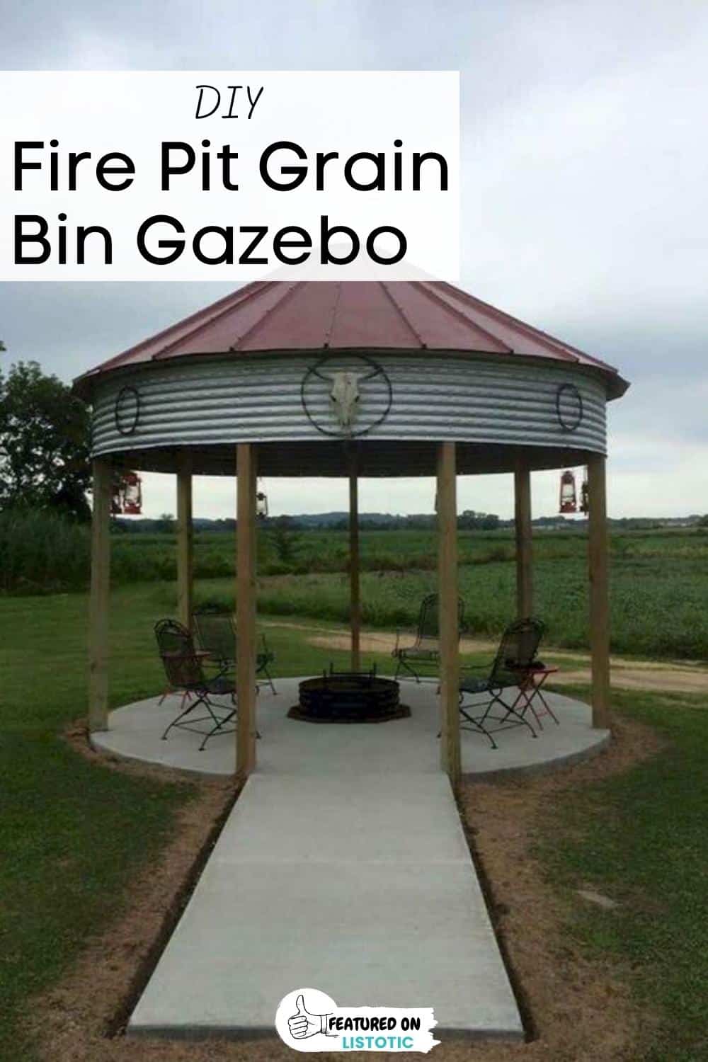 grain bin gazebo with roof and open sides with fire pit inside