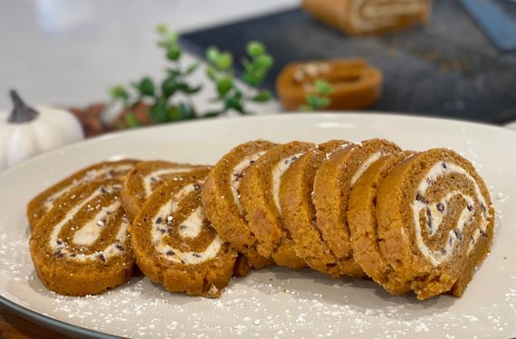 sliced pumpkin roll with cream cheese filling