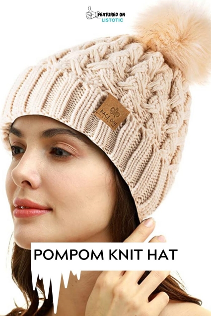 Pompom knit hat.