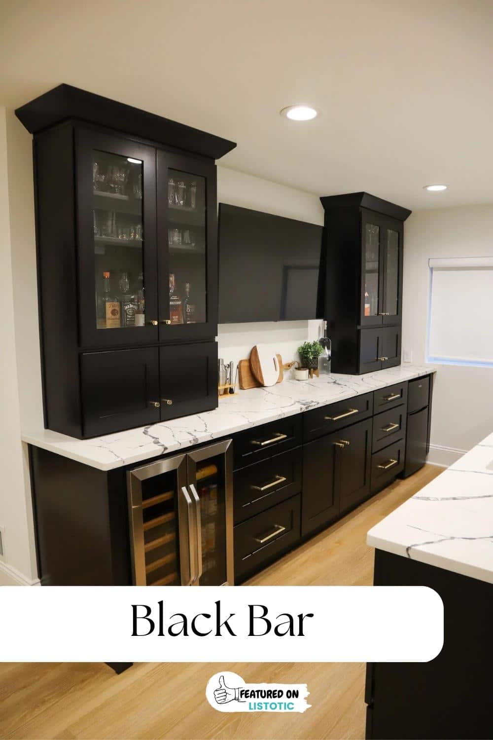 black basement wet bar cabinets with white counter