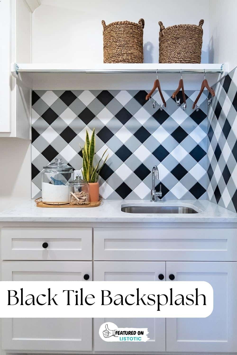 black and white buffalo check pattern tile backsplash