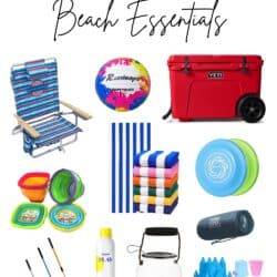 beach essentials, sand toys, beach chair, towels and more