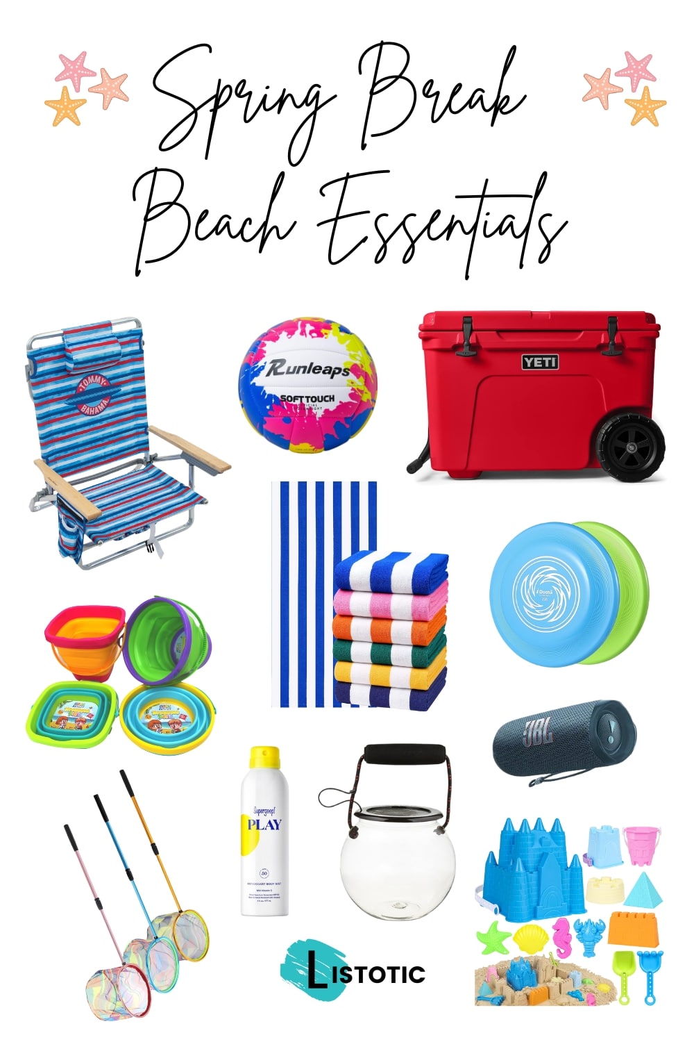beach essentials, sand toys, beach chair, towels and more