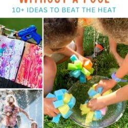 A variety of fun summer activities to stay cool without a pool, including kids running through sprinklers, playing with water balloons, and enjoying a DIY slip 'n slide in the backyard.