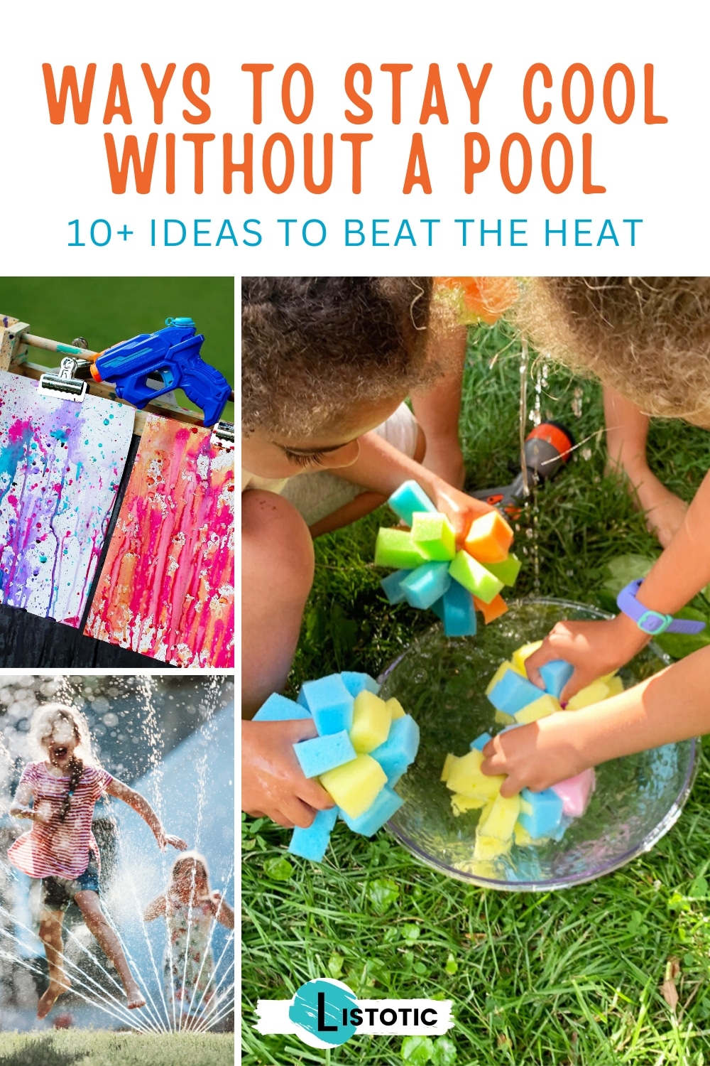 A variety of fun summer activities to stay cool without a pool, including kids running through sprinklers, playing with water balloons, and enjoying a DIY slip 'n slide in the backyard.