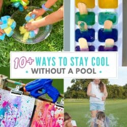 A variety of fun summer activities to stay cool without a pool, including kids running through sprinklers, playing with water balloons, and enjoying a DIY slip 'n slide in the backyard.