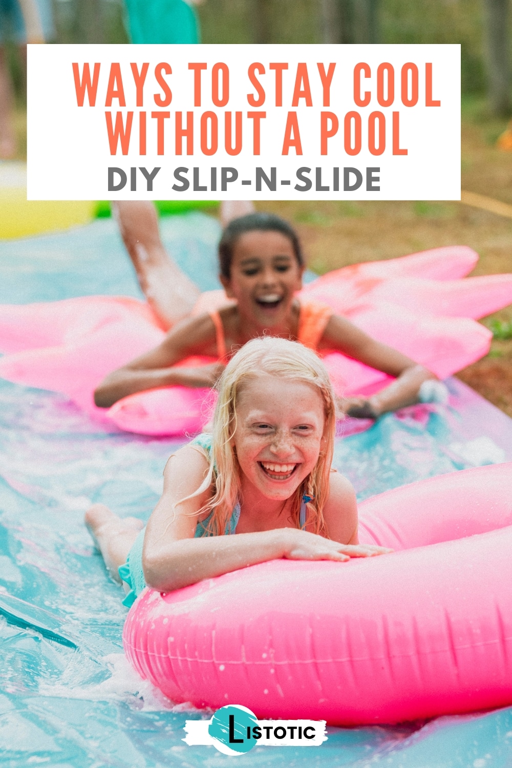 Kids sliding down a homemade backyard slip ‘n slide made from a plastic tarp, with water spraying and lots of laughter on a sunny summer day.