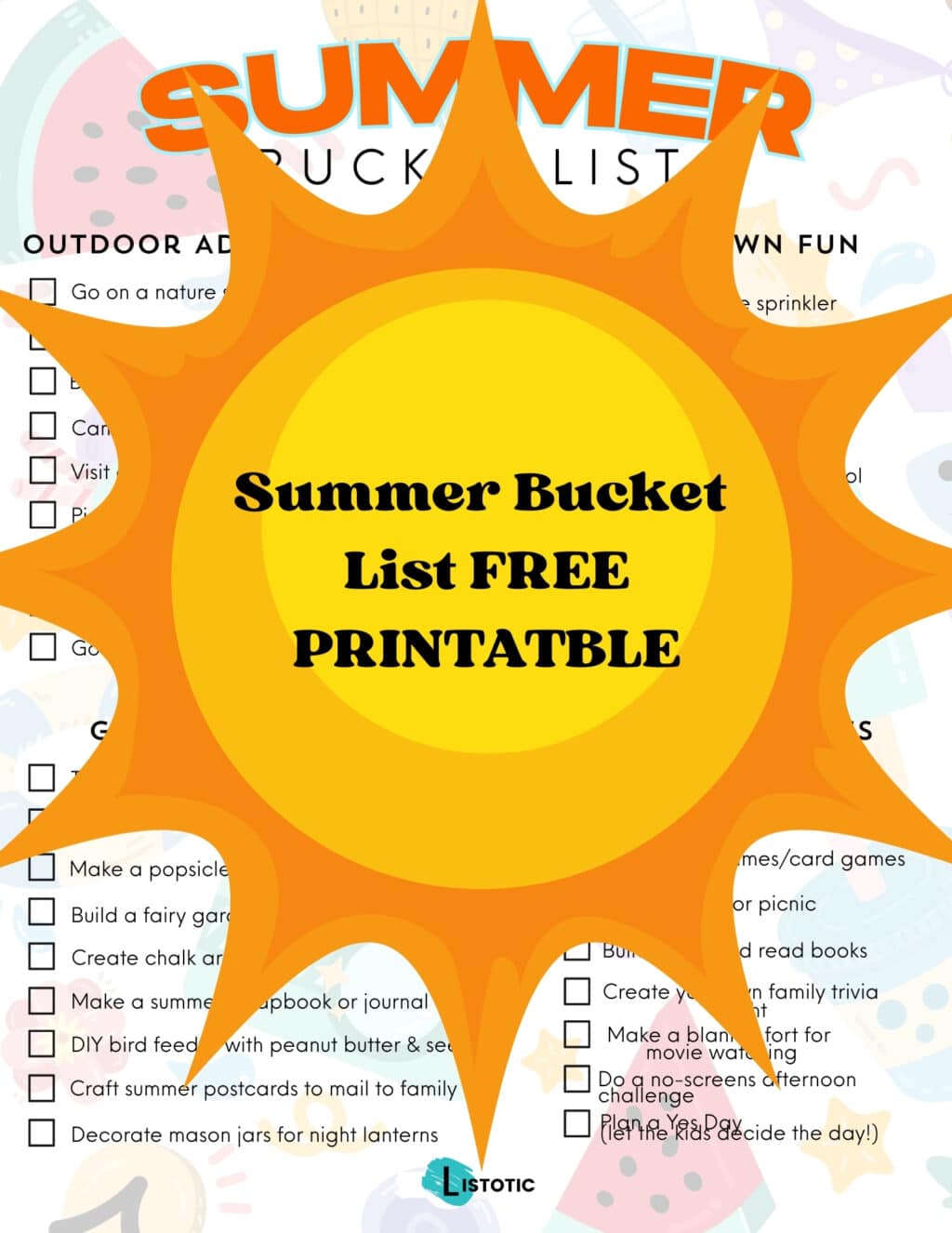 free printable summer bucket list checklist