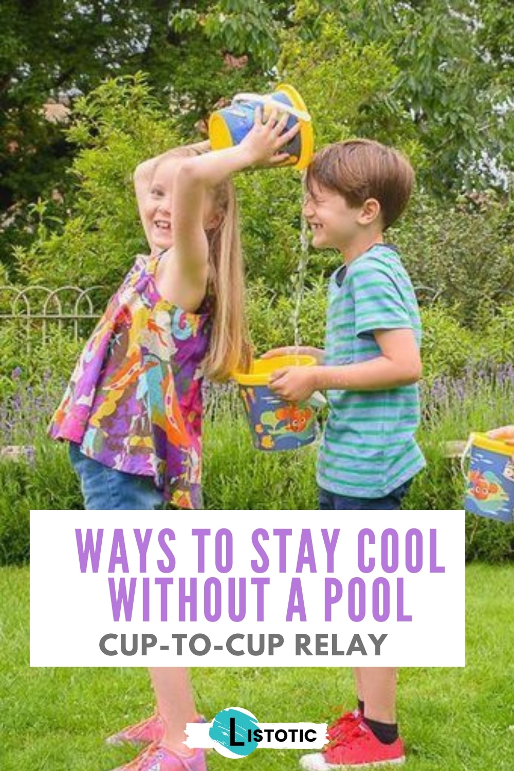 kids using cups to pass water behind them to splash and stay cool this summer