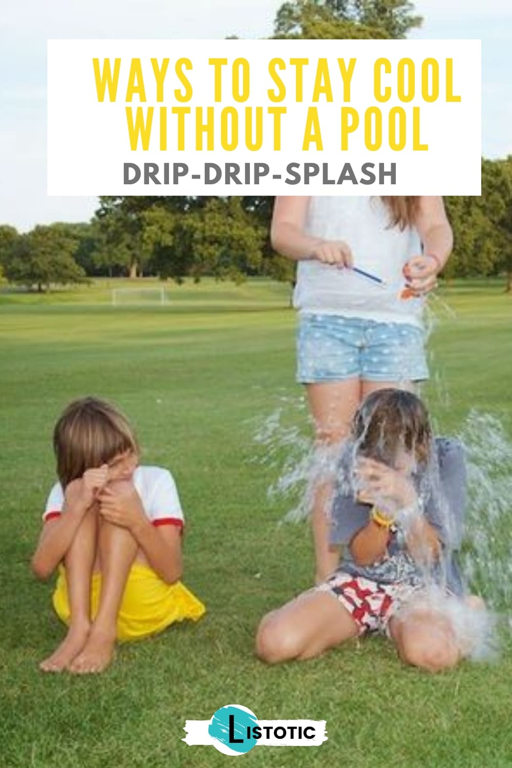 kids playing duck duck goose with water buckets to splash and stay cool in the heat