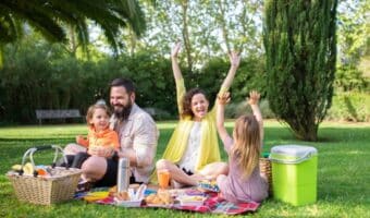 an excited family of four having a picnic outside in the grass
