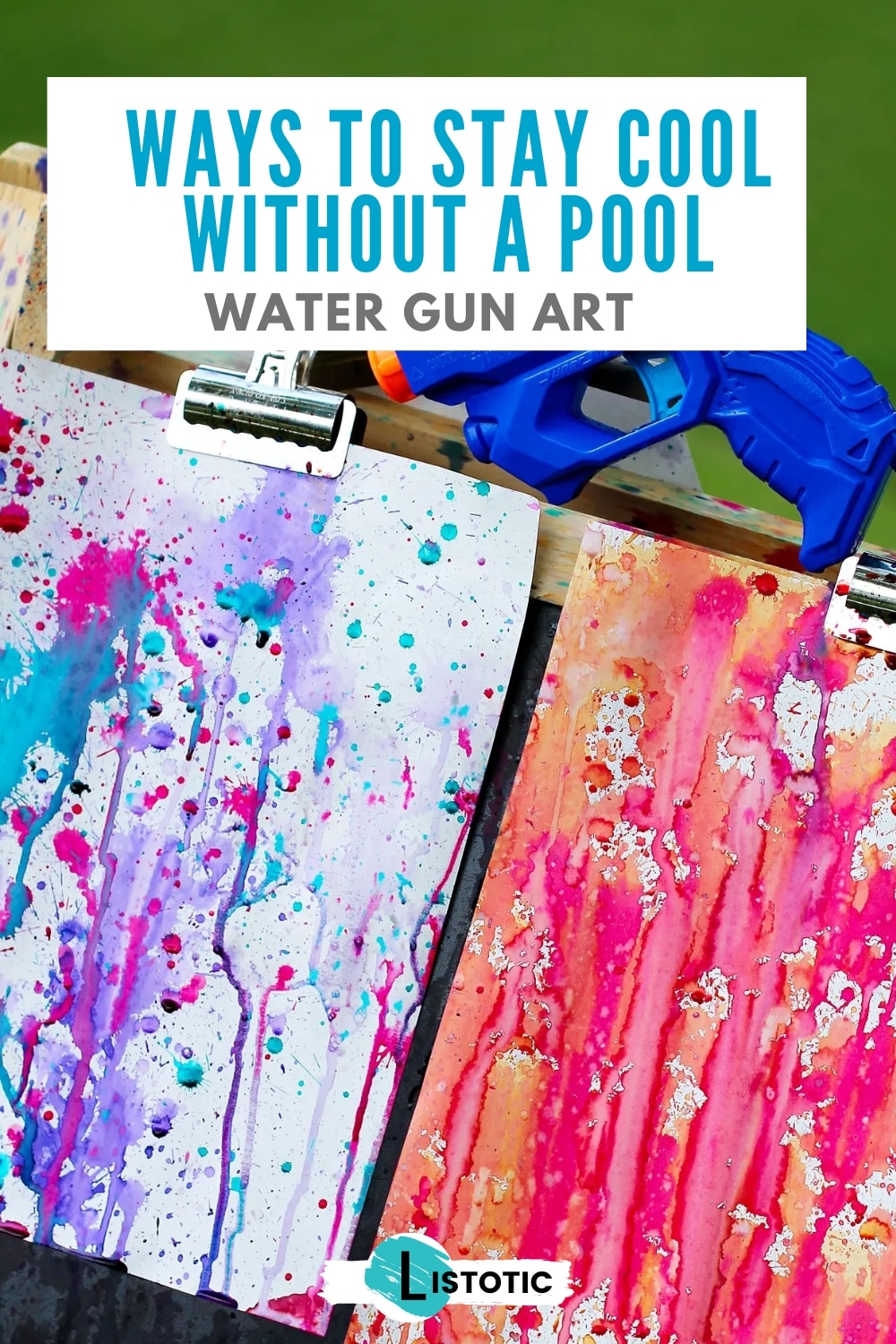A child using a squirt gun filled with paint to create colorful artwork on a canvas outdoors, with vibrant splashes of paint in the air and on the surface.