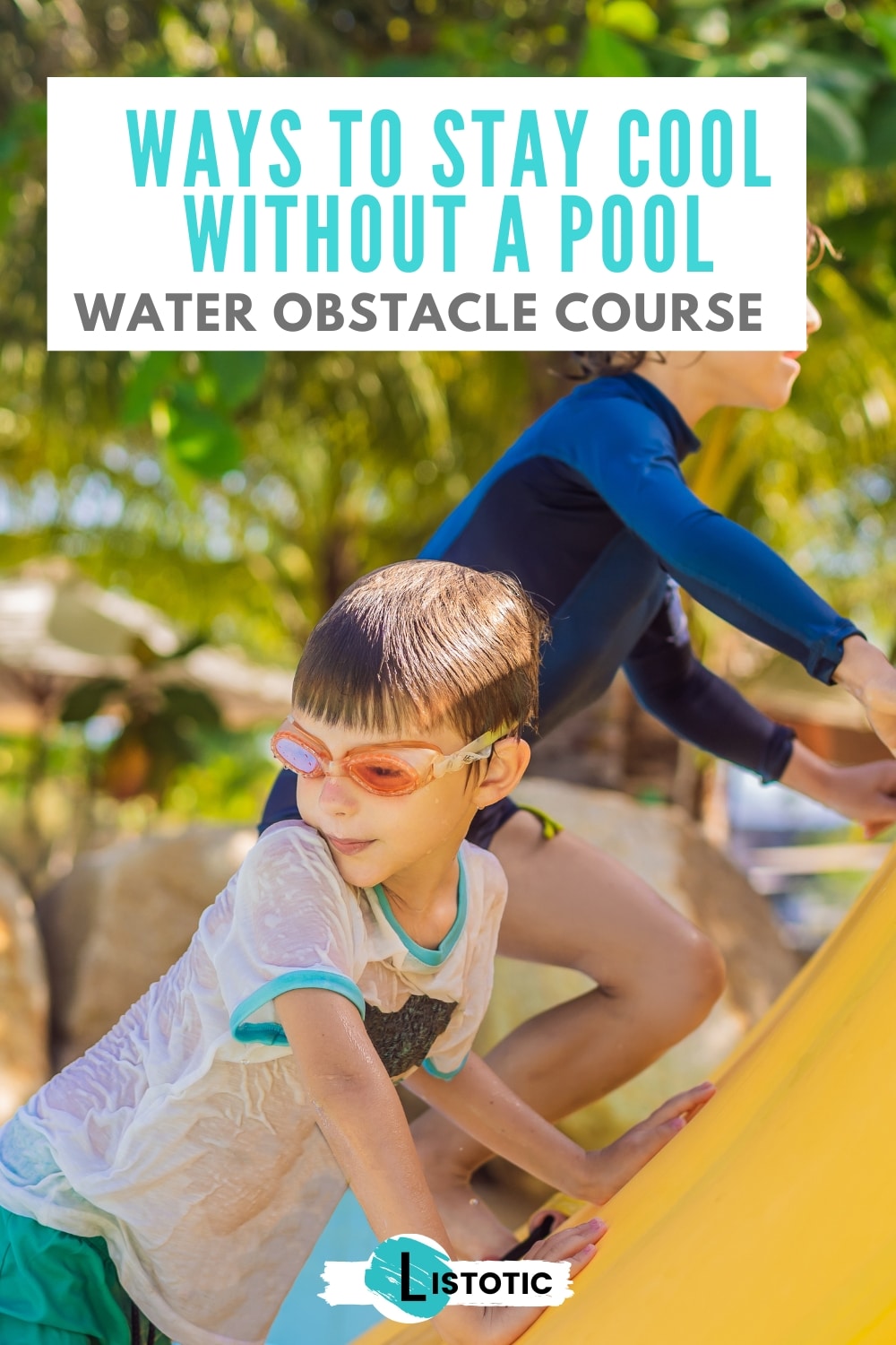 kids running through a water obstacle course to stay cool in the summer heat