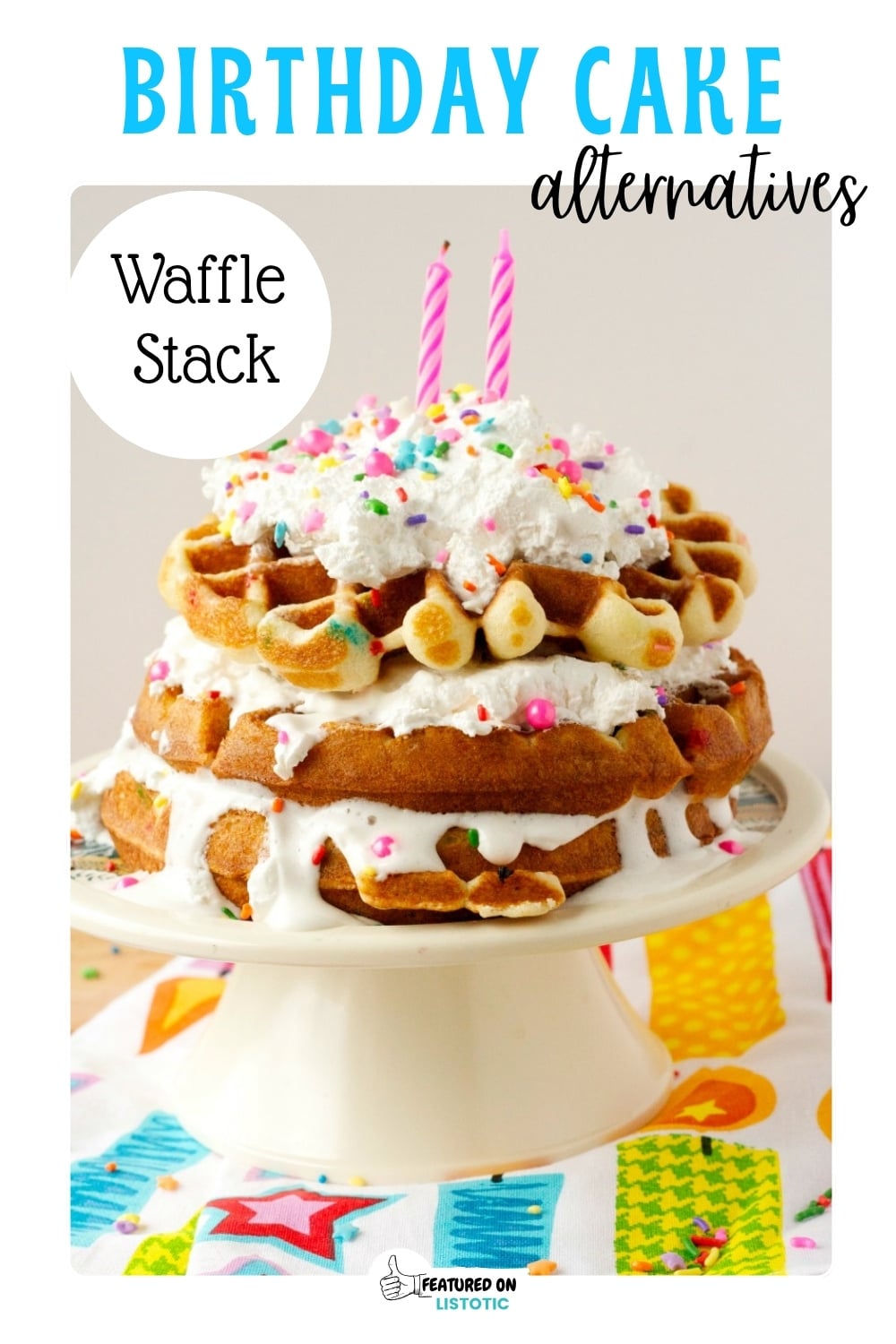 stacked waffles with whipped cream layers garnished with sprinkles