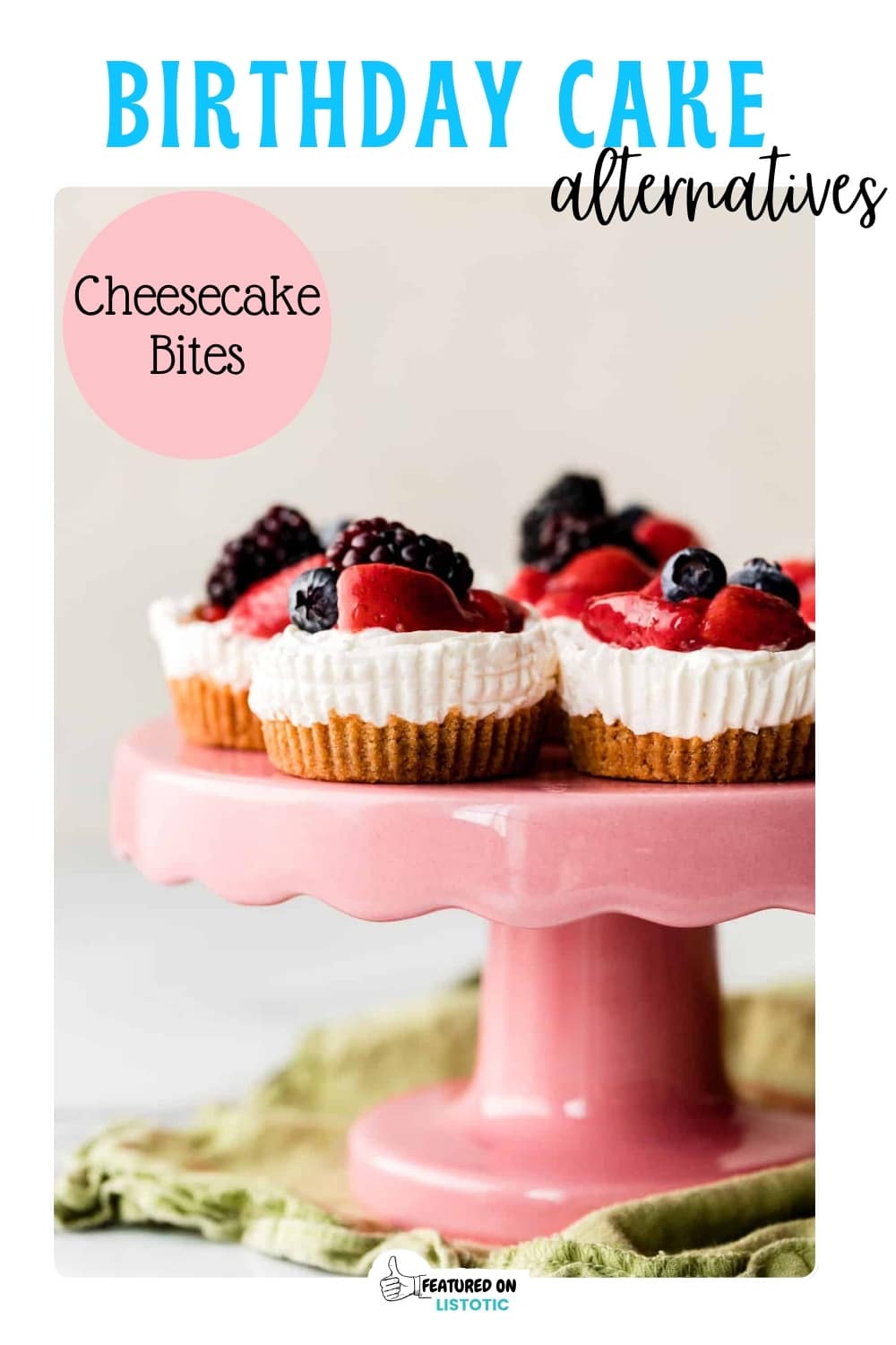 mini cheesecake bites on a cake stand for a birthday cake idea