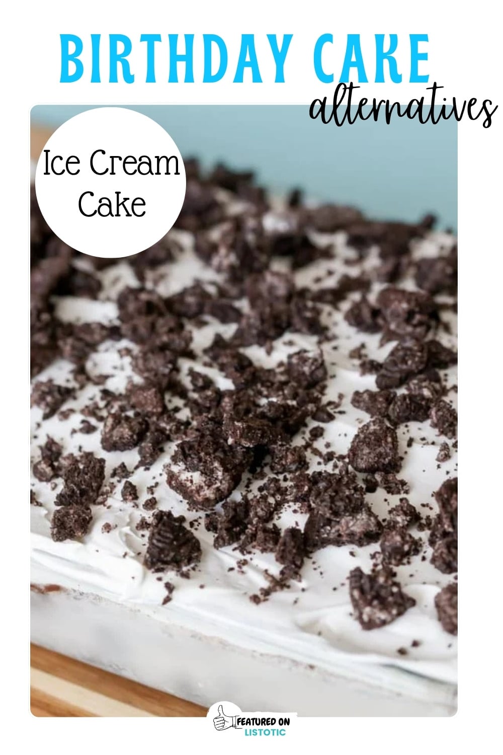 oreo layered ice cream cake in a glass rectangle pan