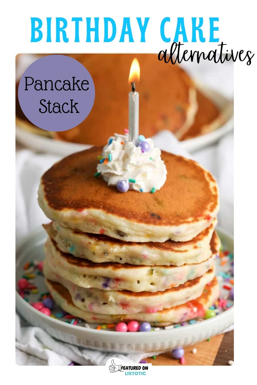 sprinkle pancakes layered with candle and whipped cream
