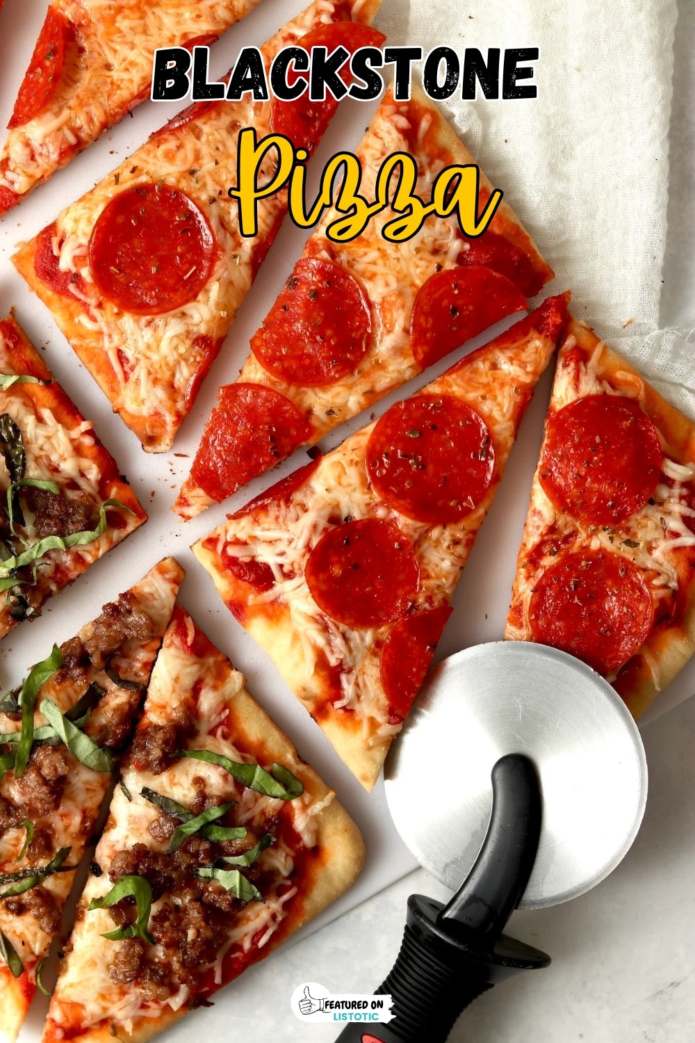 Griddle Pizza with Melted Cheese and Toppings on Blackstone