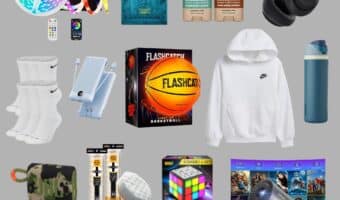 Collage of top teen boy Christmas gift ideas for 2025 featuring trendy items like wireless headphones, LED lights, Nike hoodie, gaming accessories, Bluetooth speaker, and mini projector — fun, cool, and unique Christmas gifts for teenage boys