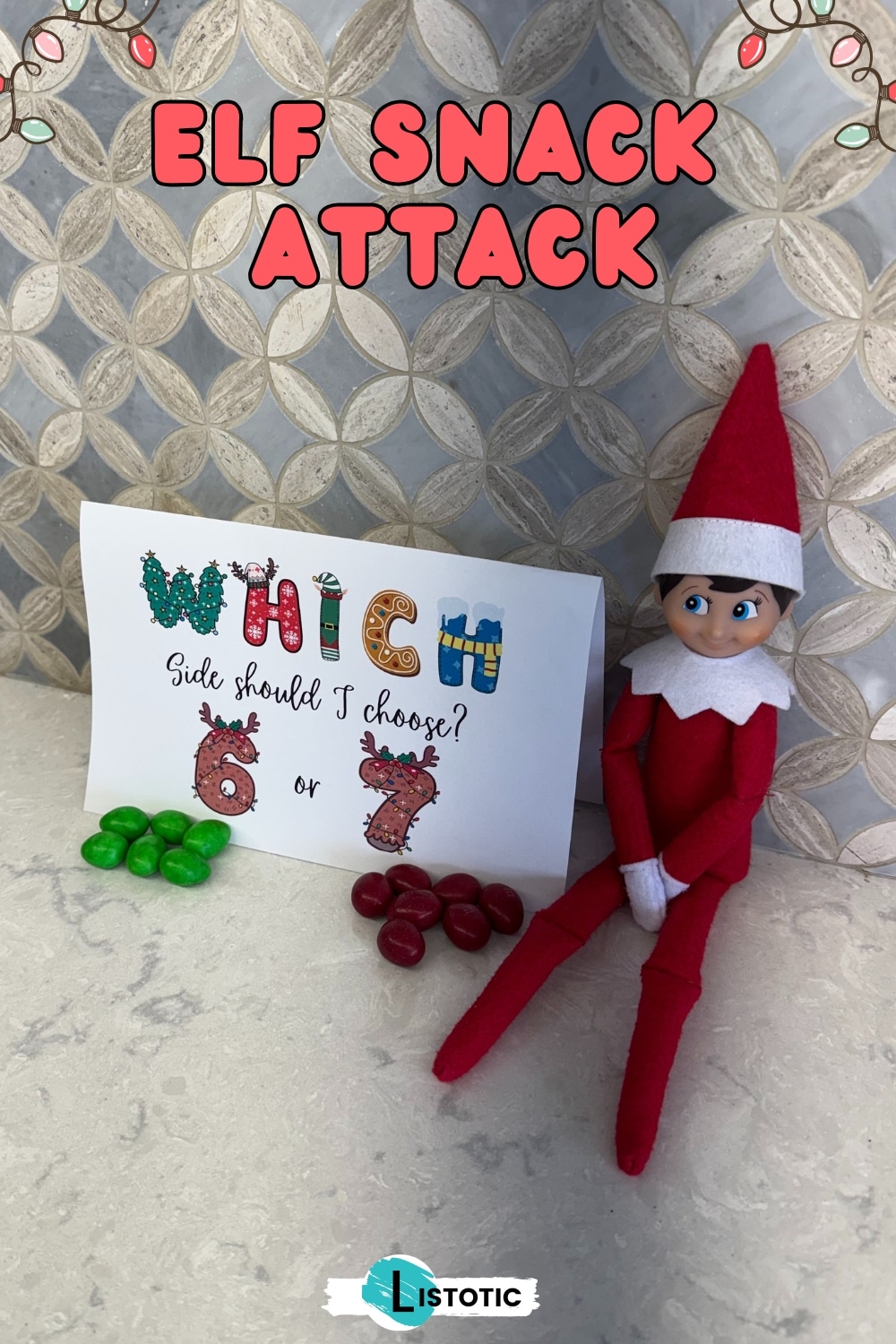 Elf on the Shelf choosing between 6 marshmallows and 7 marshmallows in a playful snack comparison.