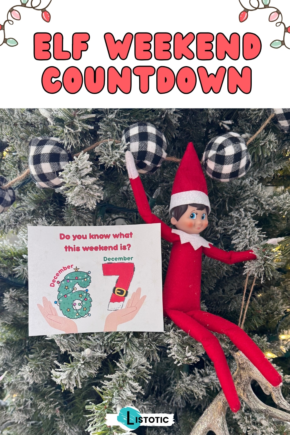 Elf on the Shelf doing the viral six seven with his hands by a number sign.