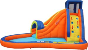 orange inflatable water slide with climbing wall
